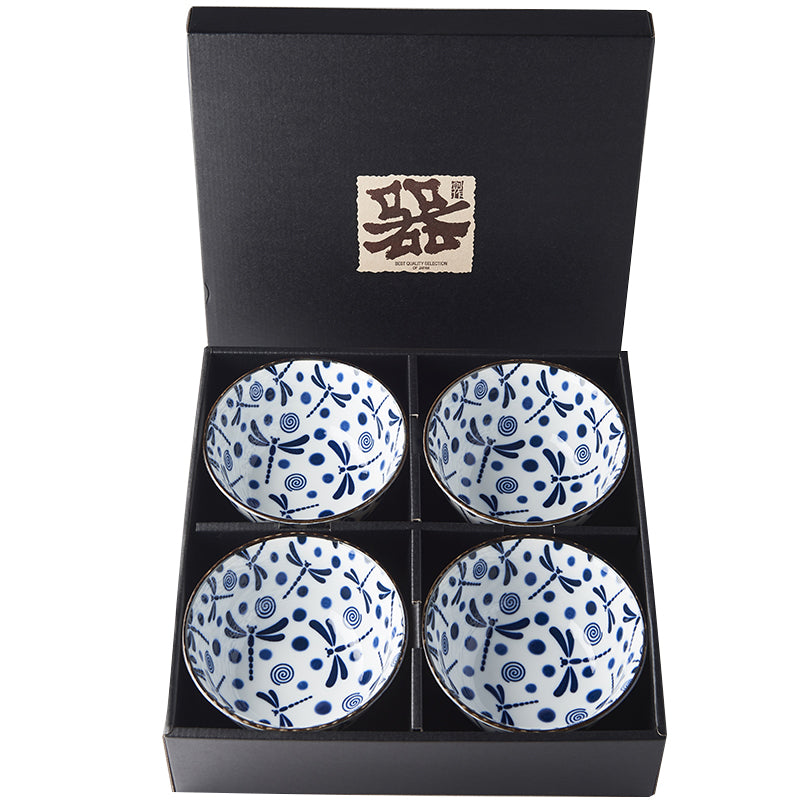 Bowl Set, 4pcs, 350ml,  Blue Dragonfly Design