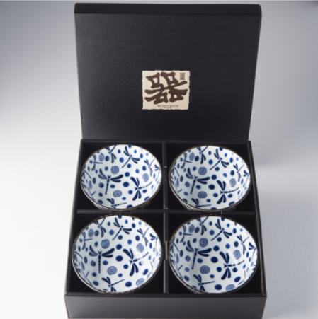 Bowl Set, 4pcs, 350ml,  Blue Dragonfly Design