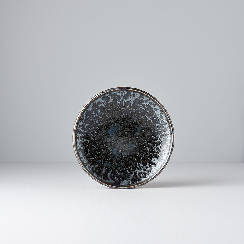 Tapas Plate, 17 cm, Minoyaki Porcelain, Black Pearl Gloss & Matte Glaze, Cyan Accents