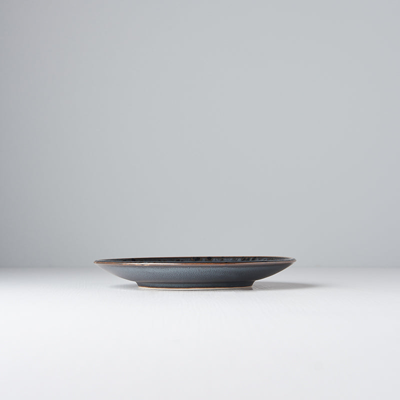 Tapas Plate, 17 cm, Minoyaki Porcelain, Black Pearl Gloss & Matte Glaze, Cyan Accents