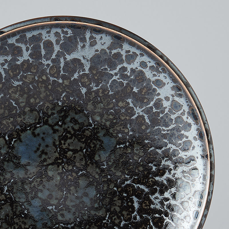 Tapas Plate, 17 cm, Minoyaki Porcelain, Black Pearl Gloss & Matte Glaze, Cyan Accents