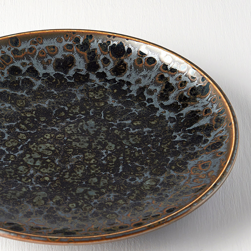 Tapas Plate, 17 cm, Minoyaki Porcelain, Black Pearl Gloss & Matte Glaze, Cyan Accents