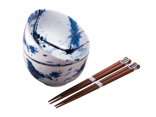 Bowl Set Blue & White Splash 2 x 350 ml with Chopsticks