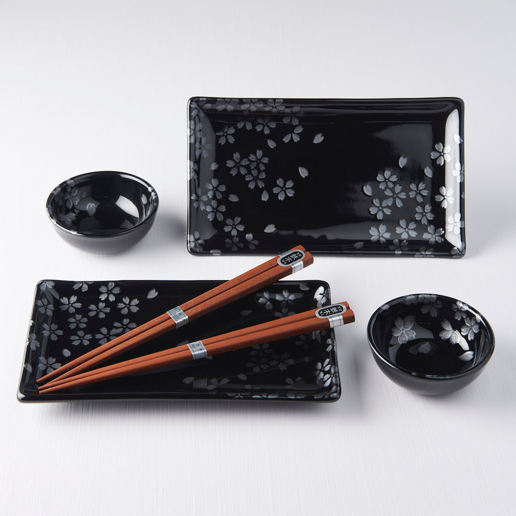 Sushi Set with Chopsticks, 4 pcs, Black Sakura Design