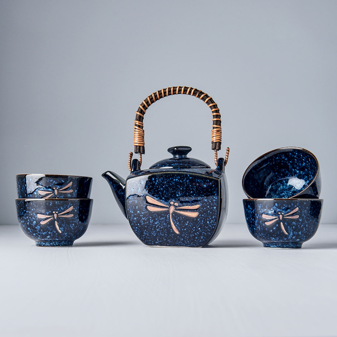 Tea Set with Strainer, 5 pcs, Dark Blue Dragonfly Design