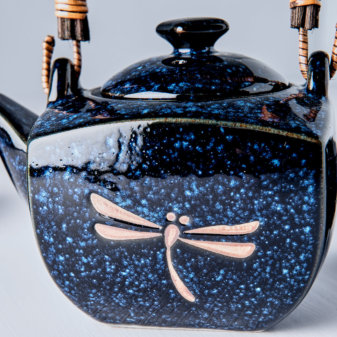 Tea Set with Strainer, 5 pcs, Dark Blue Dragonfly Design