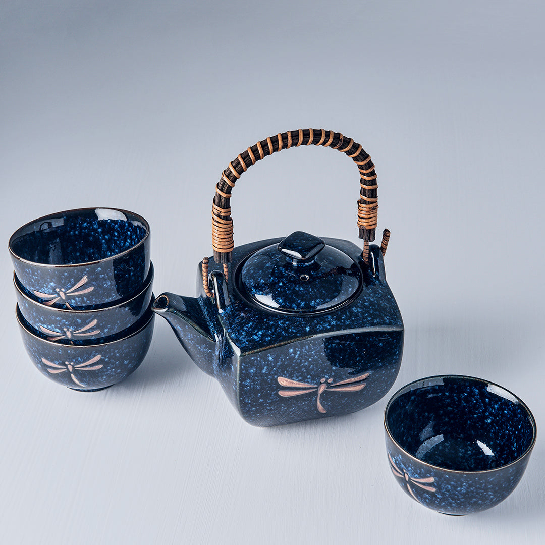 Tea Set with Strainer, 5 pcs, Dark Blue Dragonfly Design