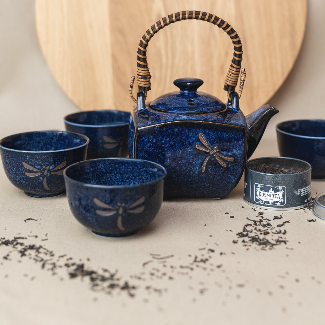 Tea Set with Strainer, 5 pcs, Dark Blue Dragonfly Design