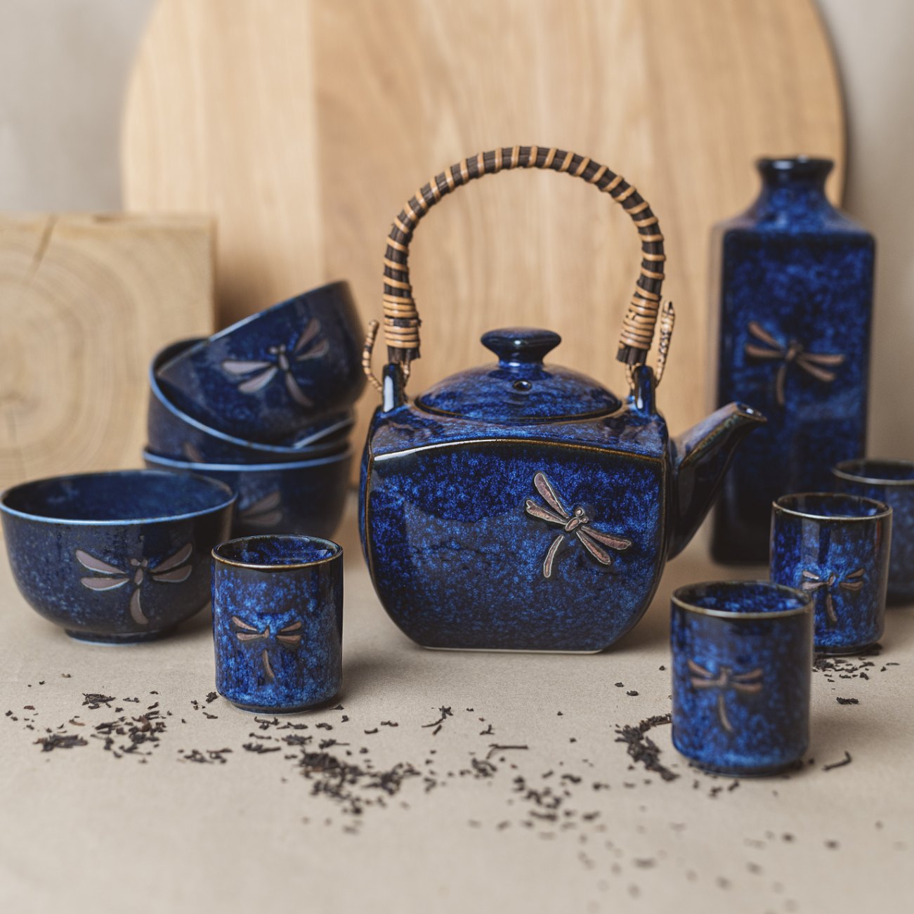 Tea Set with Strainer, 5 pcs, Dark Blue Dragonfly Design