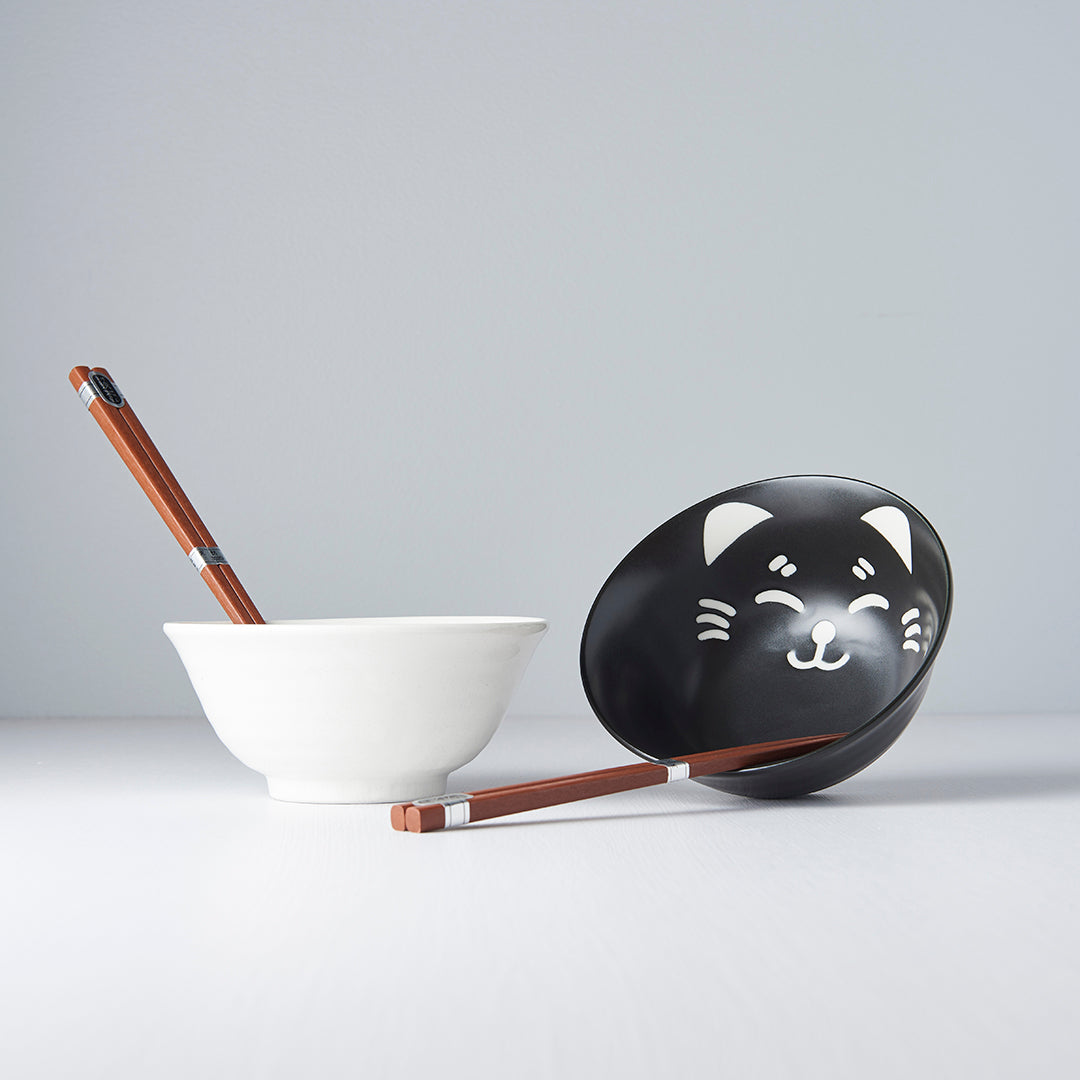 Bowl Set Cat Face 2 x 400 ml with Chopsticks