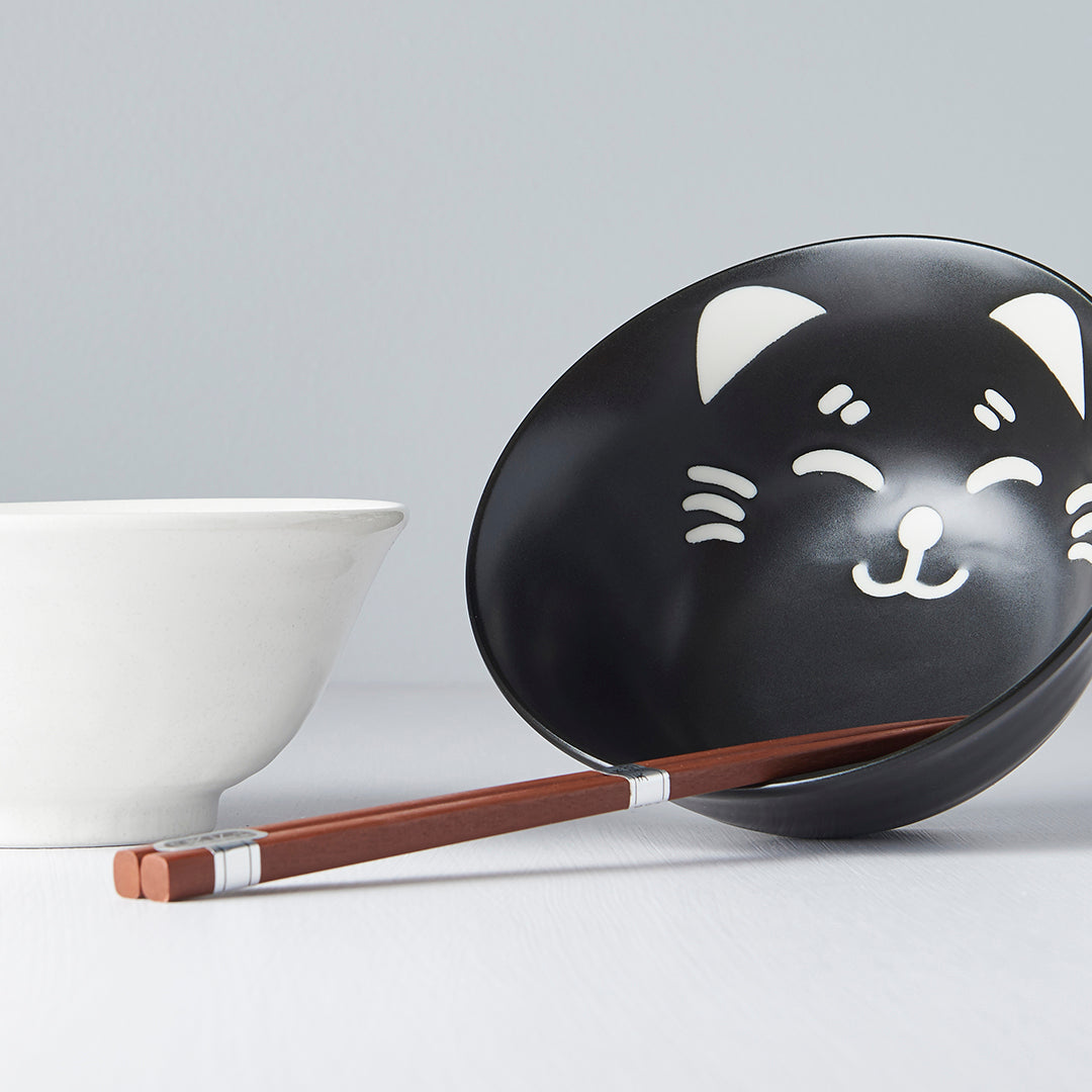 Bowl Set Cat Face 2 x 400 ml with Chopsticks