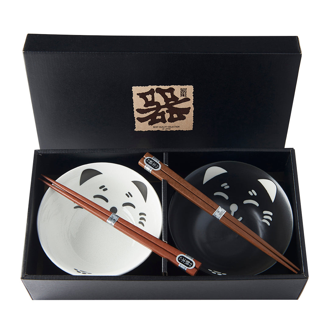 Bowl Set Cat Face 2 x 400 ml with Chopsticks