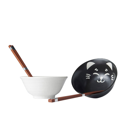 Bowl Set Cat Face 2 x 400 ml with Chopsticks