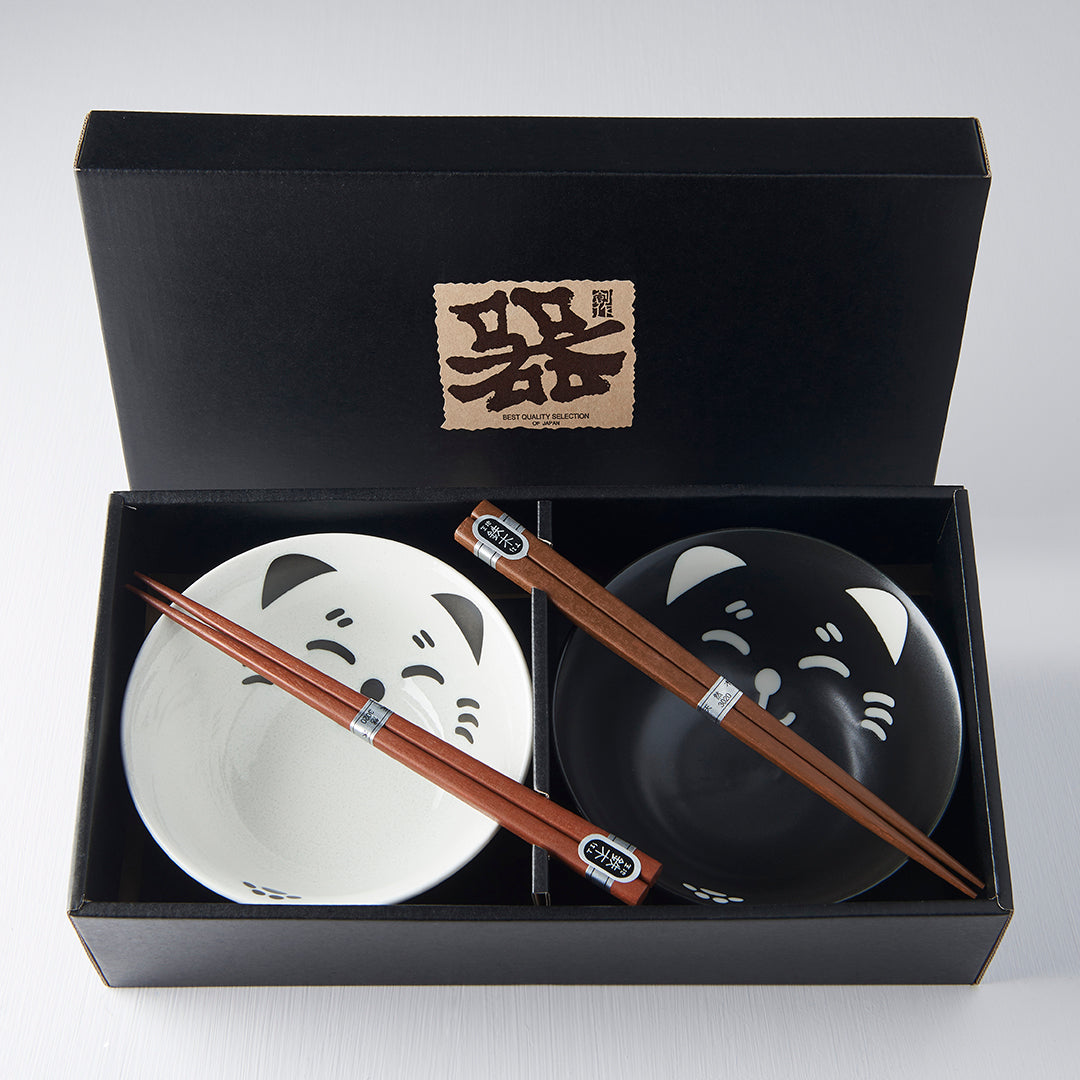 Bowl Set Cat Face 2 x 400 ml with Chopsticks