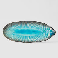 Plate Leaf Shape 33 cm x 14 cm Sky Blue Glaze