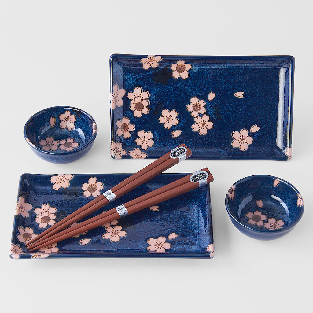 Sushi Set Navy with Pink Sakura 4 pcs with Chopsticks