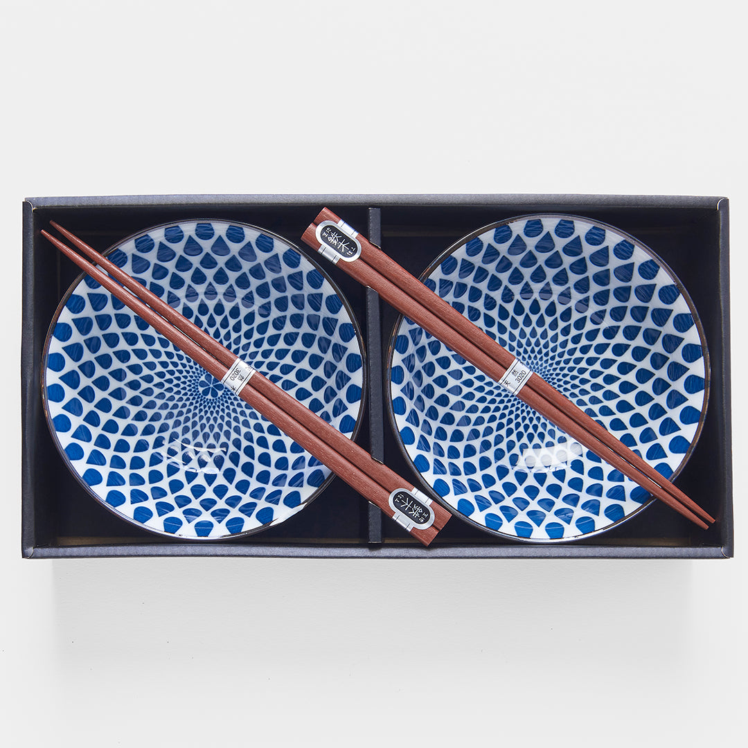 Bowl Set White with Blue Teardrops 2 x 400 ml with Chopsticks