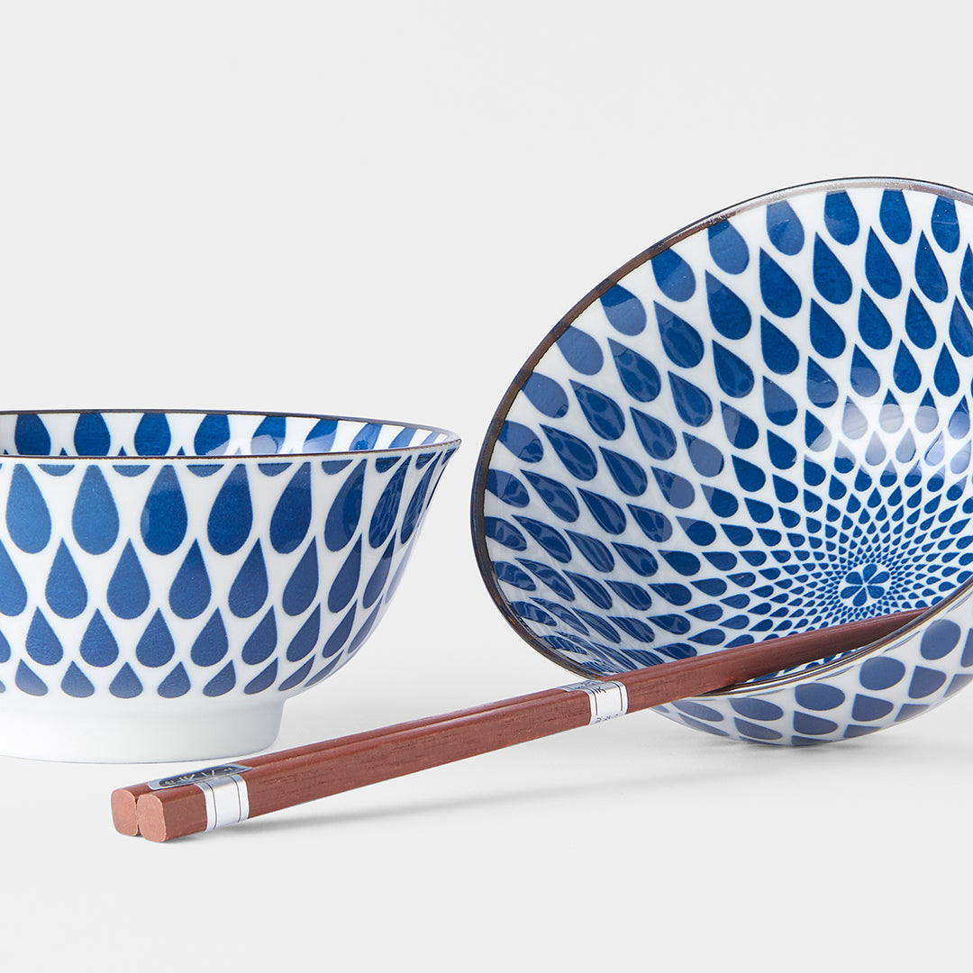 Bowl Set White with Blue Teardrops 2 x 400 ml with Chopsticks