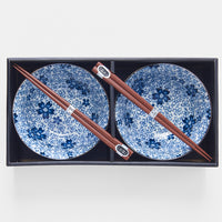 Bowl Set with Chopsticks, 2pcs, 400 ml, White with Blue Blossom Design