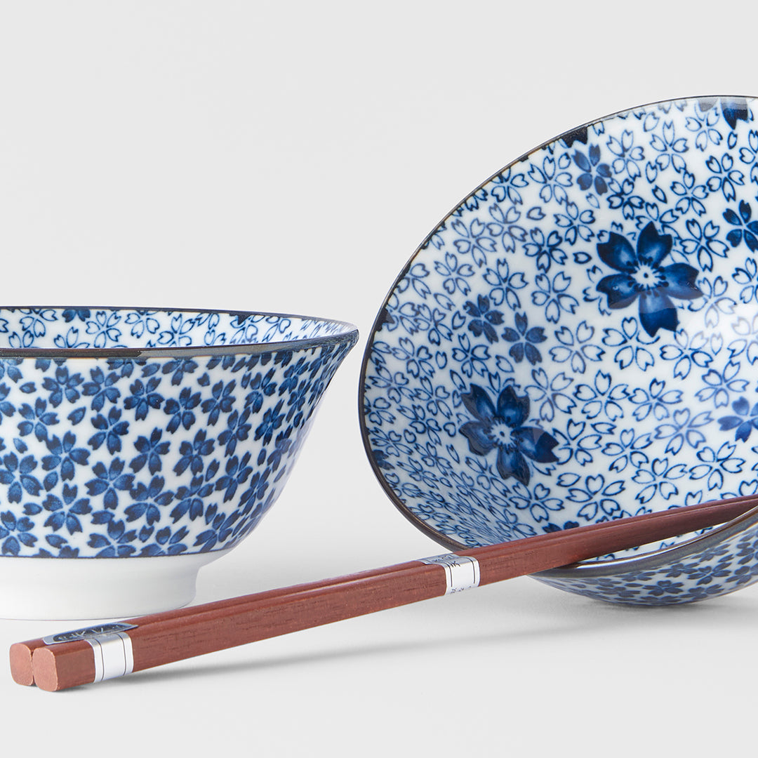 Bowl Set with Chopsticks, 2pcs, 400 ml, White with Blue Blossom Design