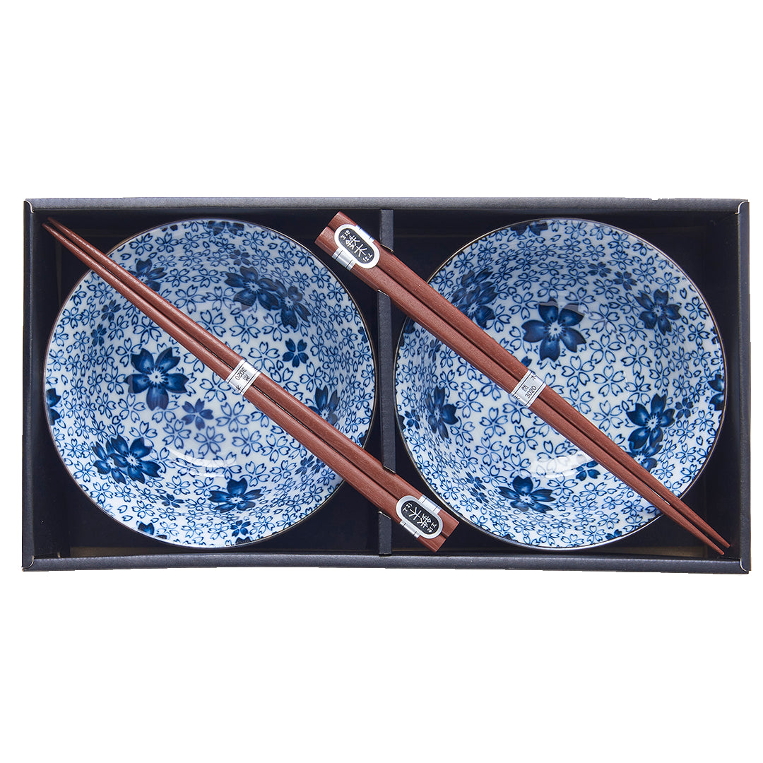 Bowl Set with Chopsticks, 2pcs, 400 ml, White with Blue Blossom Design