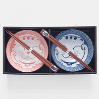 Bowl Set 2pcs with Chopsticks Red & Blue Cat Maneki Wave Design