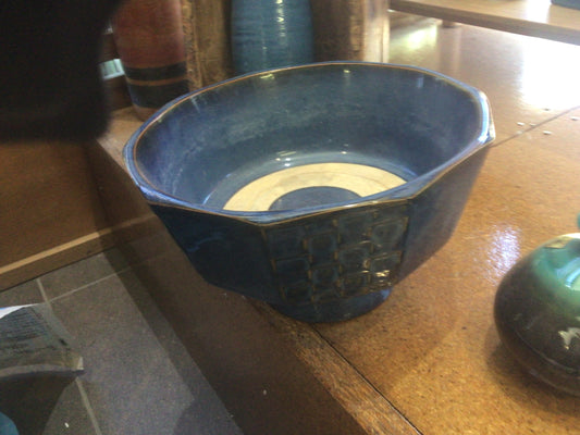 Vintage Ikebana Vase - raised blue with tonal brocade and cream inside circle