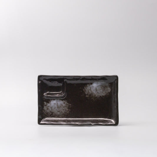 Front view of Black glaze Japanese ceramic dumpling platter made in Japan