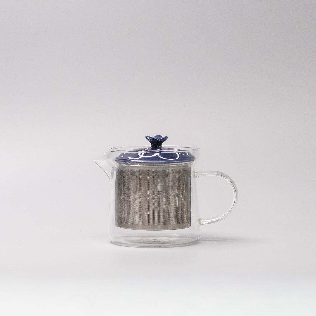 Japanese glass teapot indigo floral lid