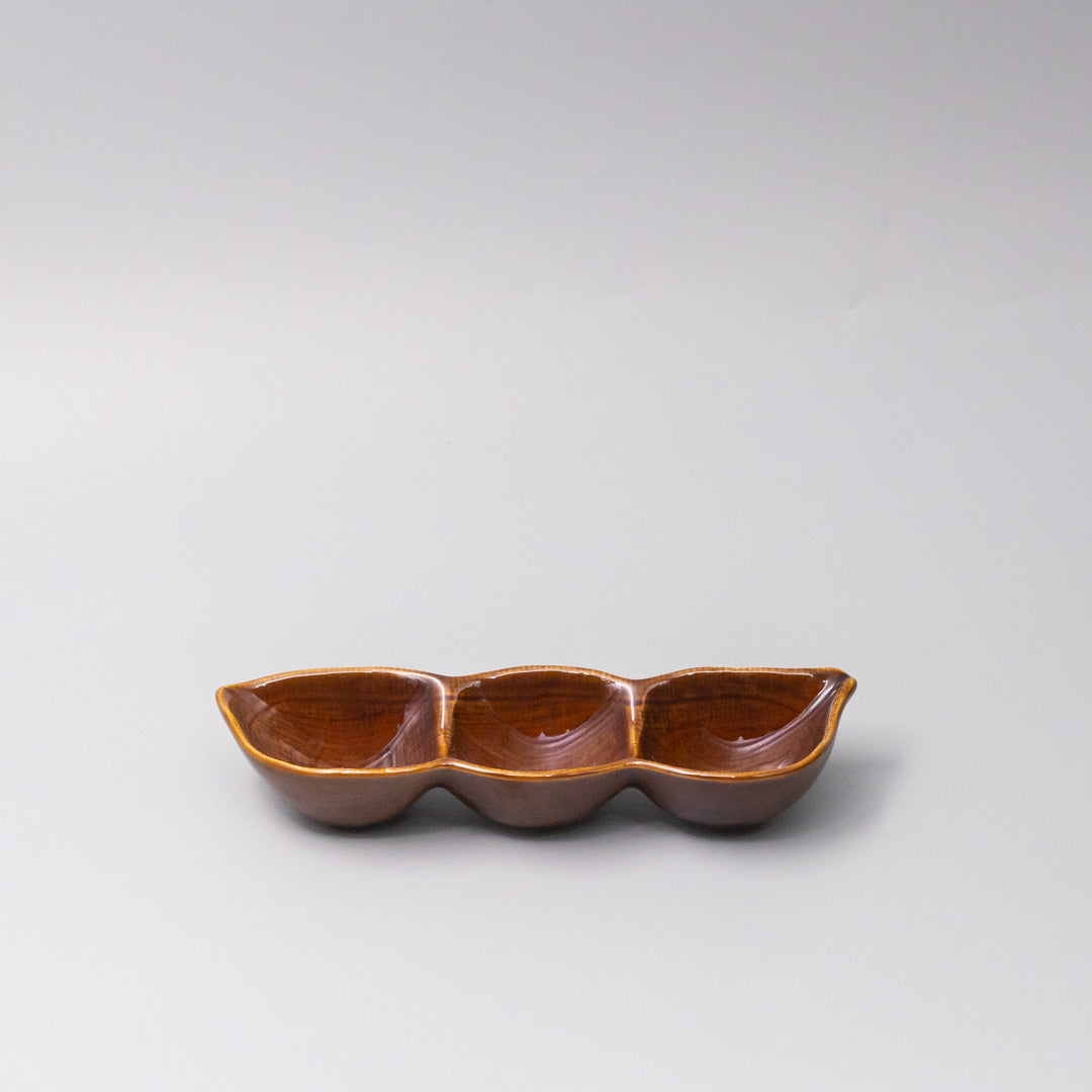 Japanese ceramic 20cm edamame pod triple dish for sauces and condiments
