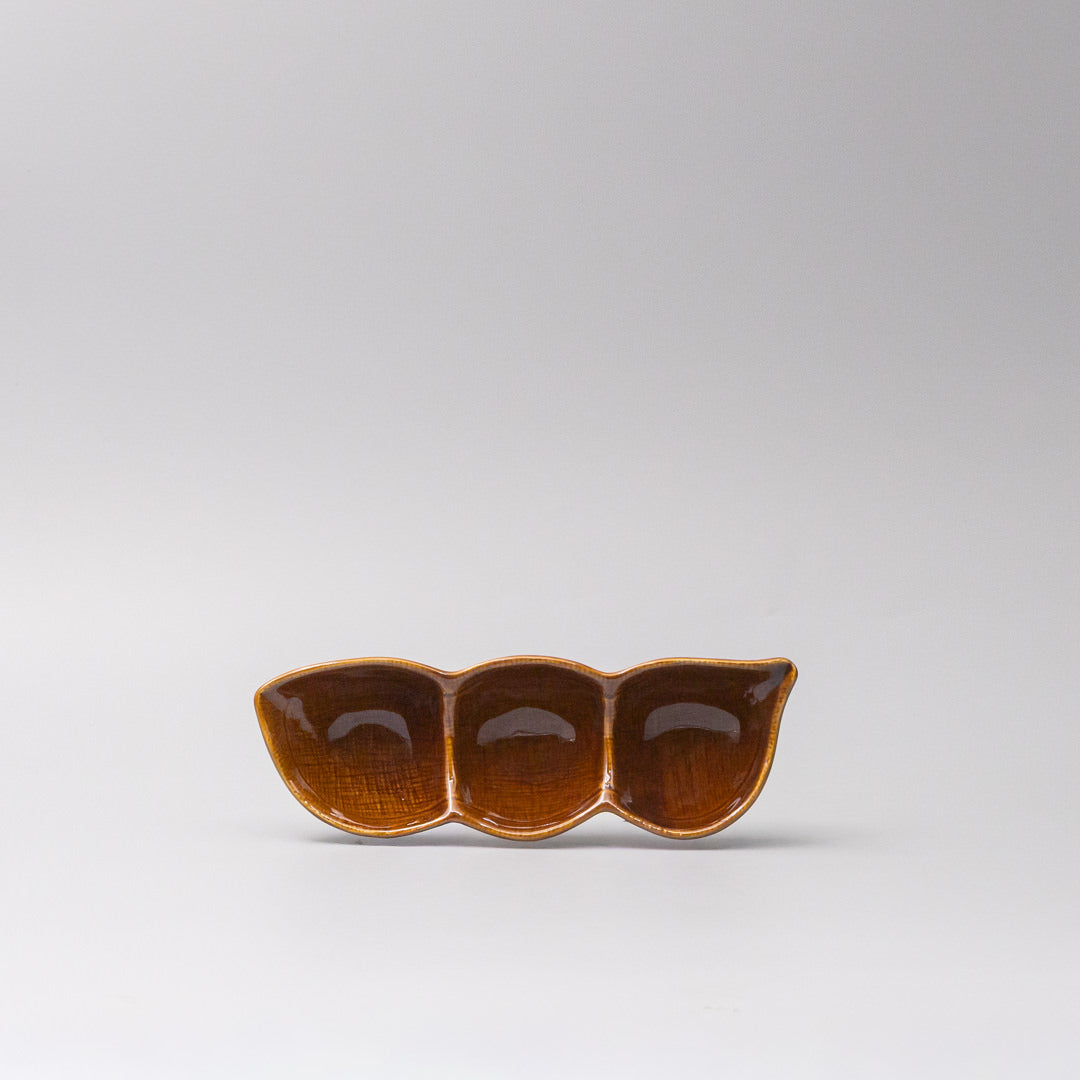 Japanese ceramic 20cm edamame pod triple dish for sauces and condiments - front