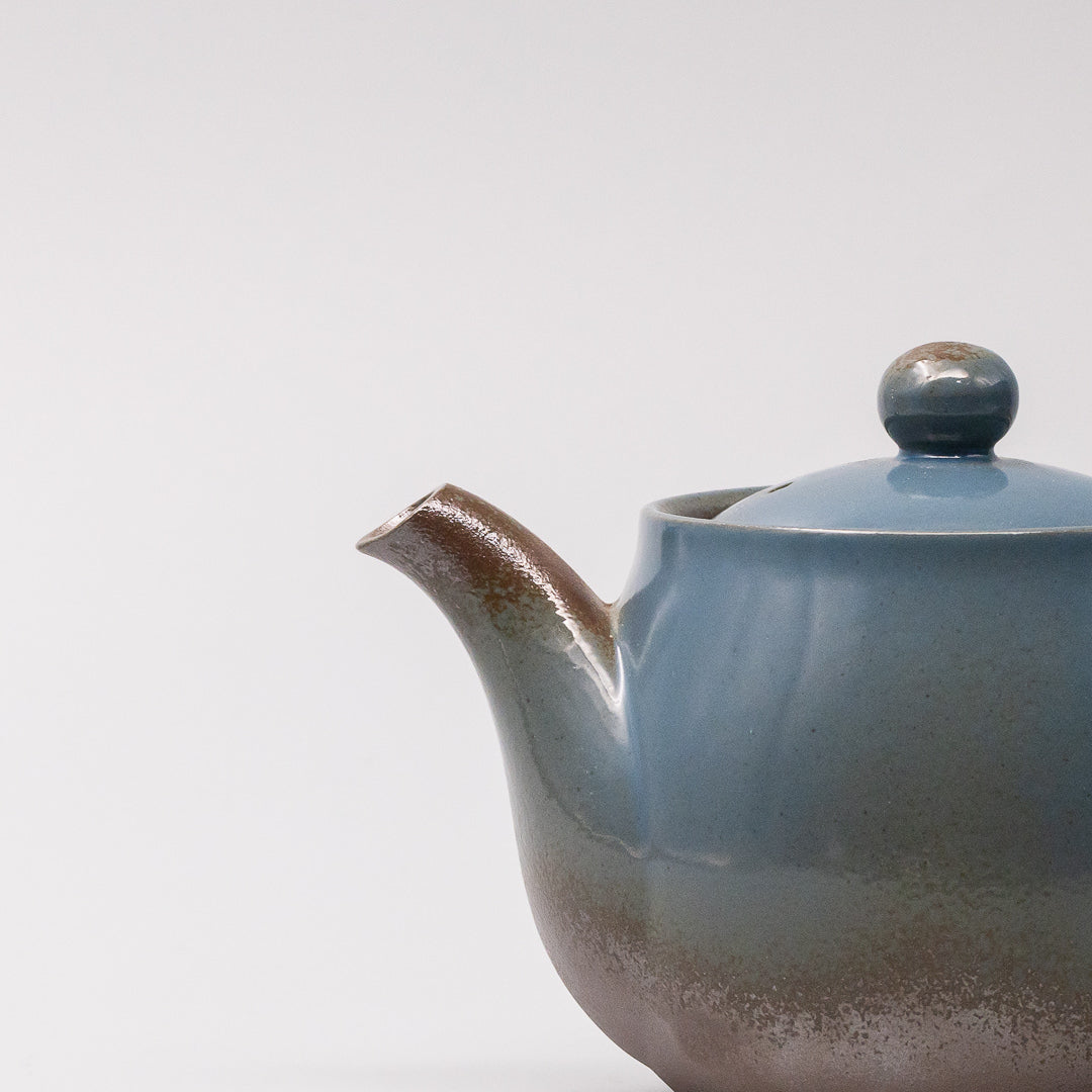 handcrafted Earth Blue teapot close up