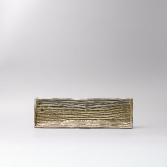 rectangular ceramic serving plate olive glaze front view long textured plate