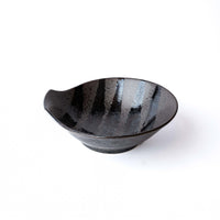 Small Bowl with Handle 125 ml / Gloss Black Stripes On Gunmetal Glaze / 13 cm