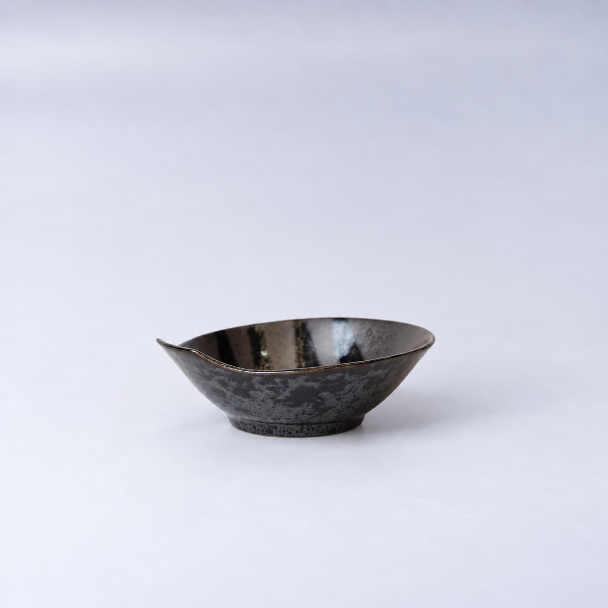 Bowl with Handle 13cm Black Stripes on Gunmetal Glaze