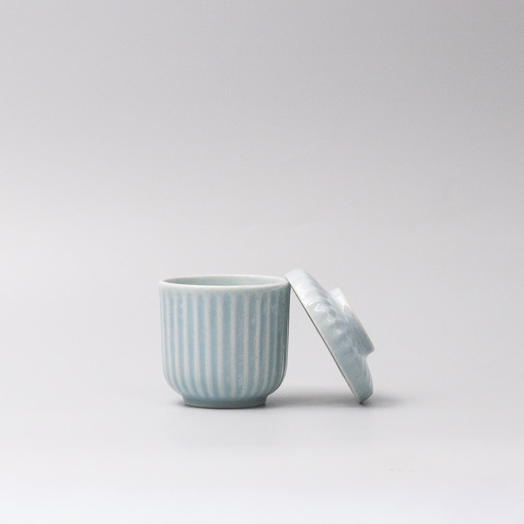 170ml ceramic chawanmushi cup aqua glaze side view ribbed texture