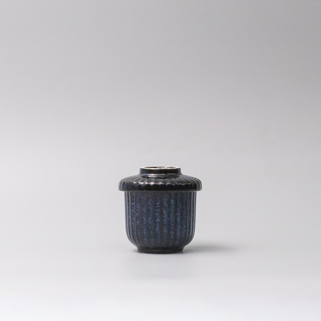 170ml ceramic chawanmushi cup indigo blue glaze side view ribbed texture