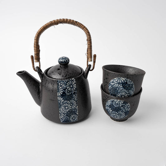 Gift Tea Set for Two 460ml / Willow Handle Black, Indigo Flowers / C1099