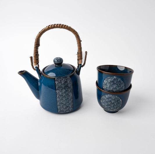 Gift Tea Set for Two 460ml / Willow Handle Blue, Wave Mon