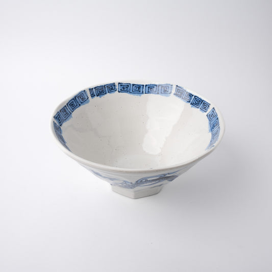 Fluted Bowl Large / Blue and White Dragon and Tiger Design