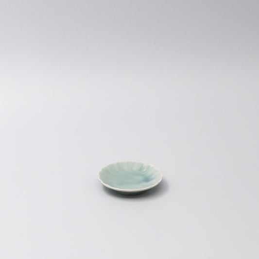 Japanese mamezara small dish with scalloped edges in soft aqua glaze, perfect for soy sauce, dipping oils, or small treats