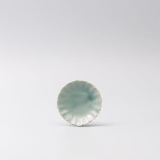 Japanese mamezara small dish with scalloped edges in soft aqua glaze, perfect for soy sauce, dipping oils, or small treats