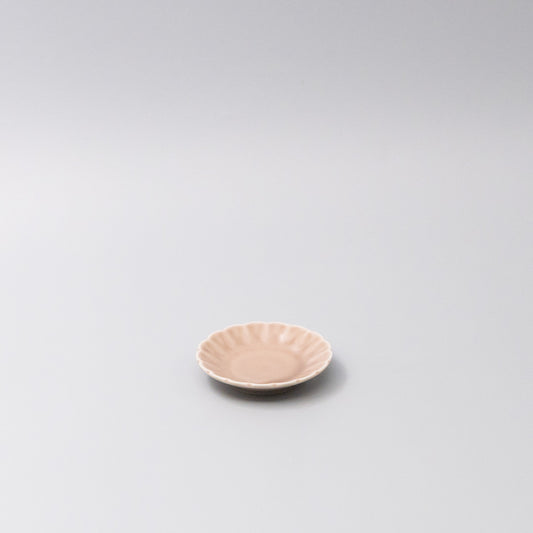 Handcrafted Japanese mamezara with scalloped edge in blush gloss glaze, soy sauce or condiment plate