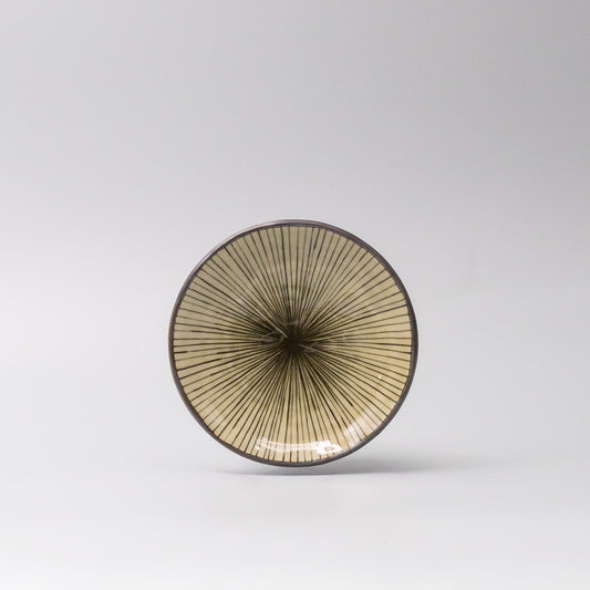 13.5cm ceramic saucer beige green radial glaze front view textured 