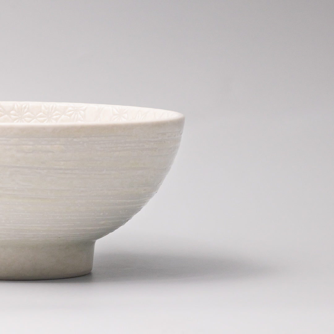 ceramic bowl powder white gloss glaze embossed white star asanoha pattern close up detail textured finish