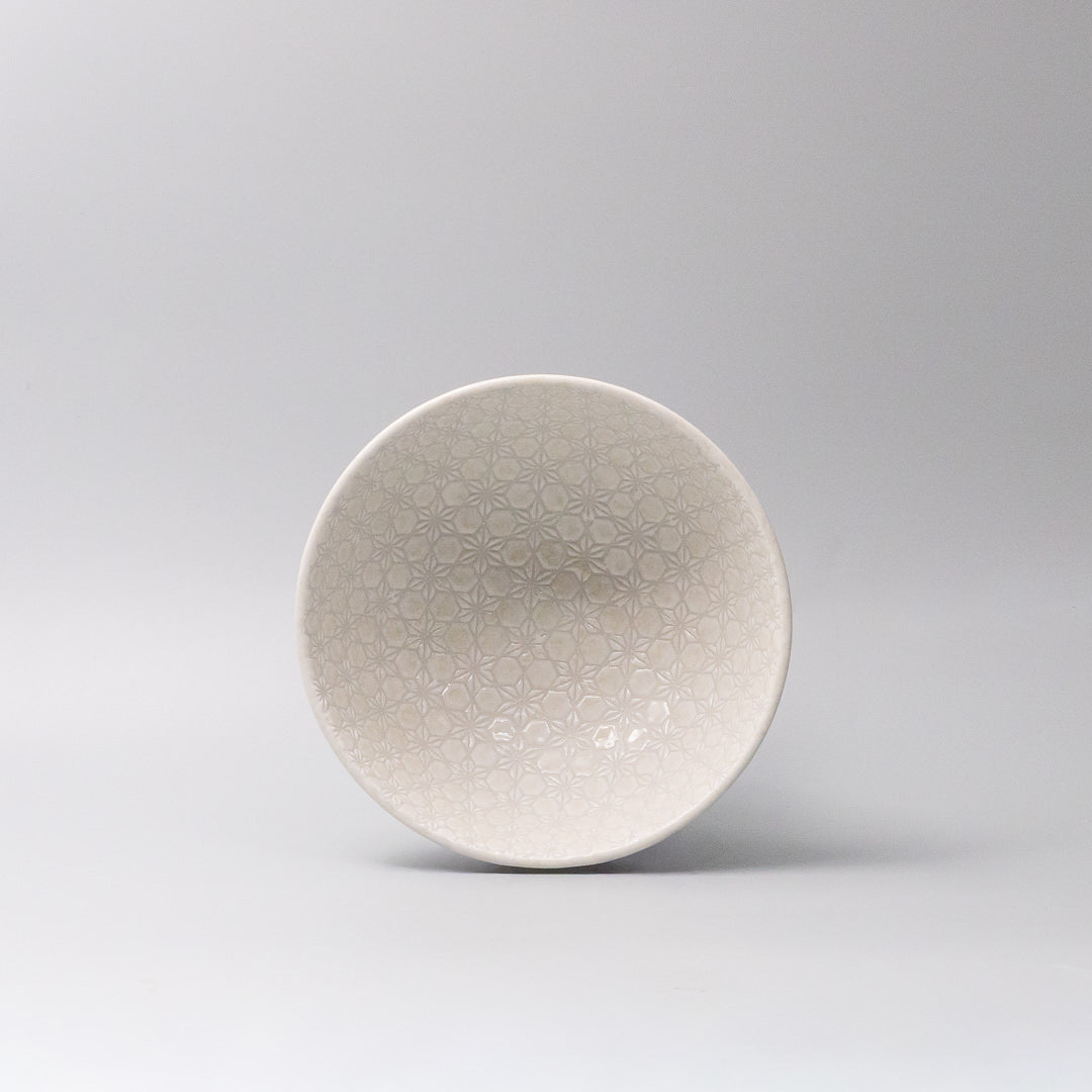 ceramic bowl powder white gloss glaze embossed white star asanoha pattern front view rice bowl