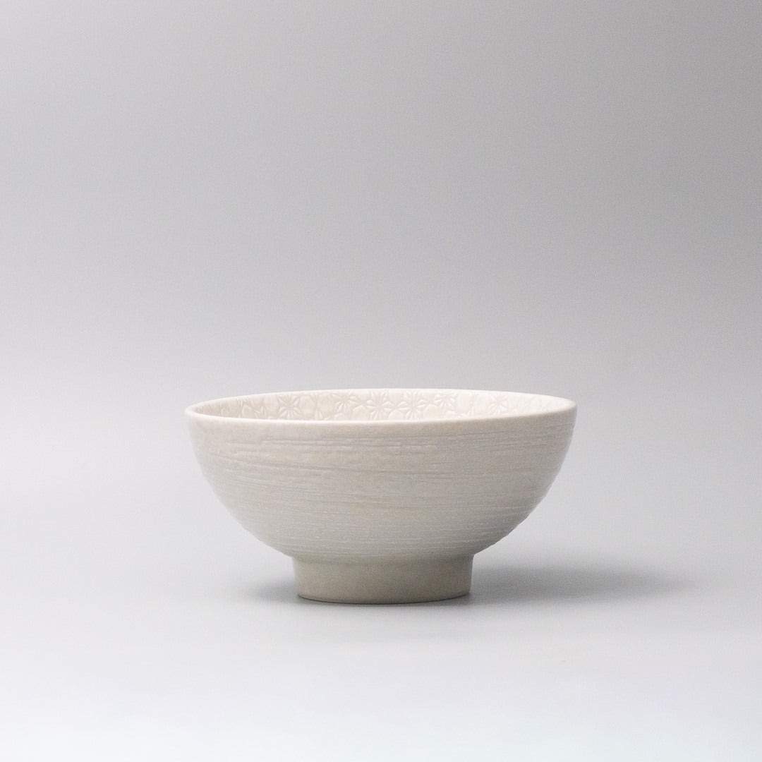 ceramic bowl powder white gloss glaze embossed white star asanoha pattern side view profile bowl
