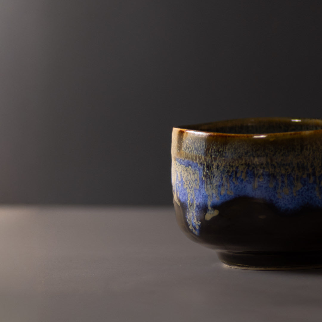 Matcha Tea Bowl 11.5cm Blue Drip on Black