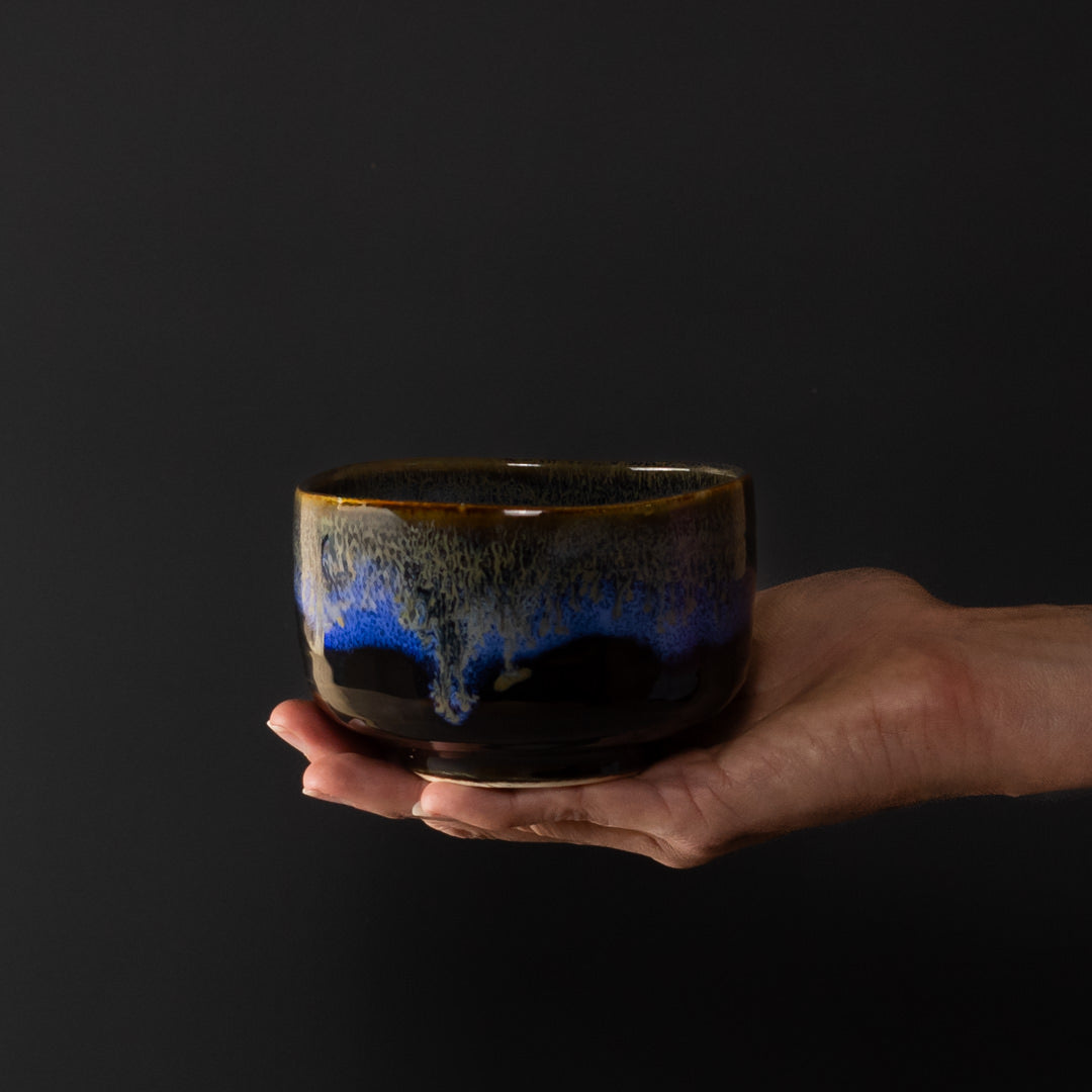 Matcha Tea Bowl 11.5cm Blue Drip on Black