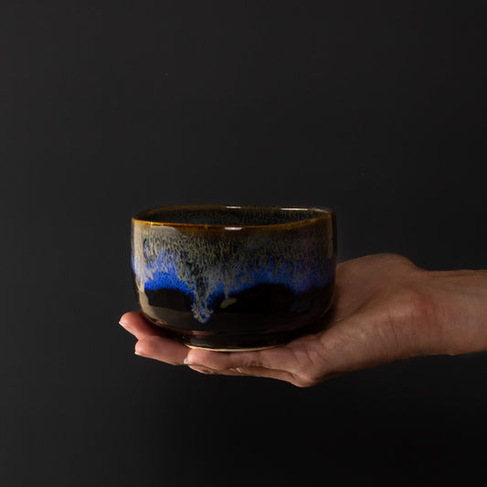 Matcha Tea Bowl 11.5cm Blue Drip on Black